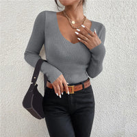 VAIGE Autumn Winter Solid Rib Knit V Neck Stripe Pullover Sweater Long Sleeve Casual Jersey Top