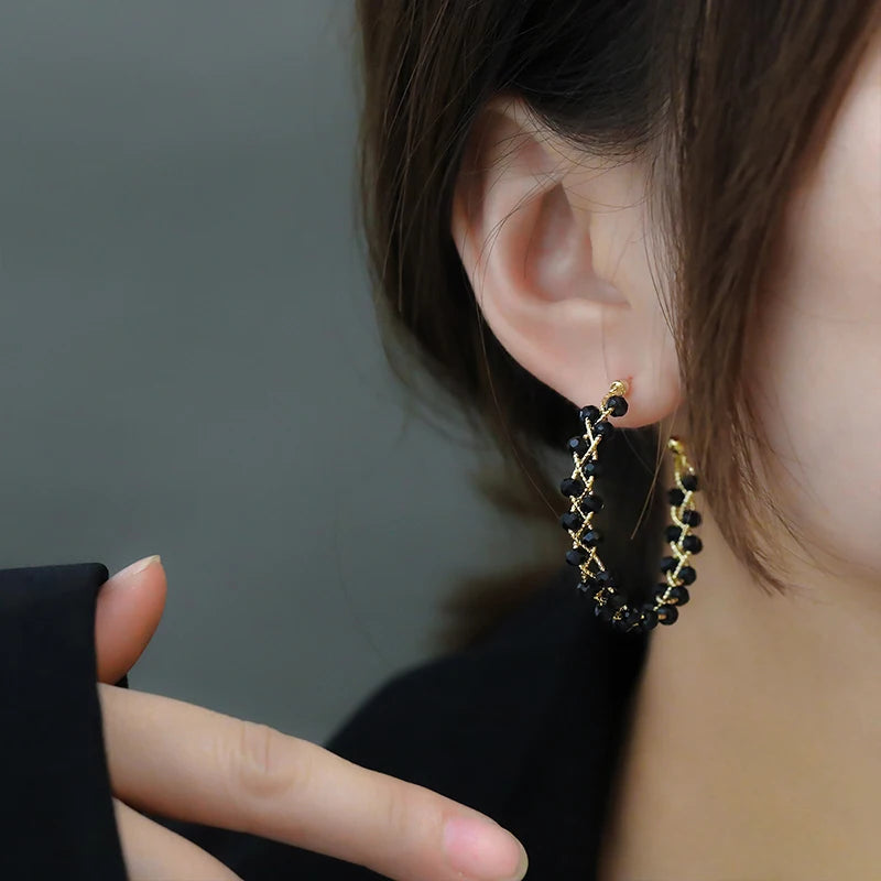 VAIGE Elegant Black Geometric Crystal Gold Earrings