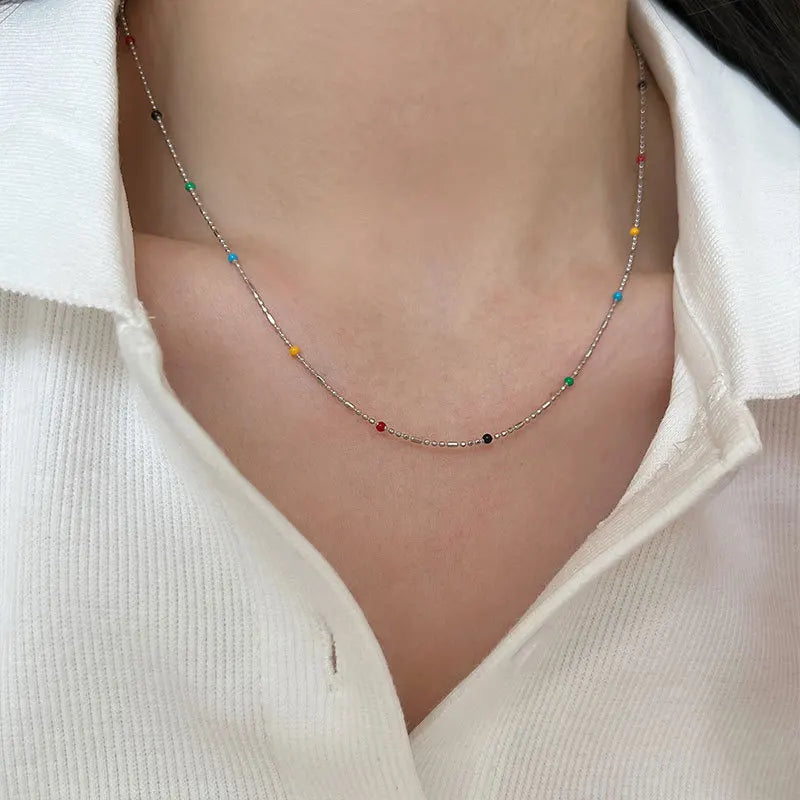 VAIGE 925 Sterling Silver Colorful Round Beads Choker Necklace with Zircon Pendant - Delicate Charm Jewelry Gift