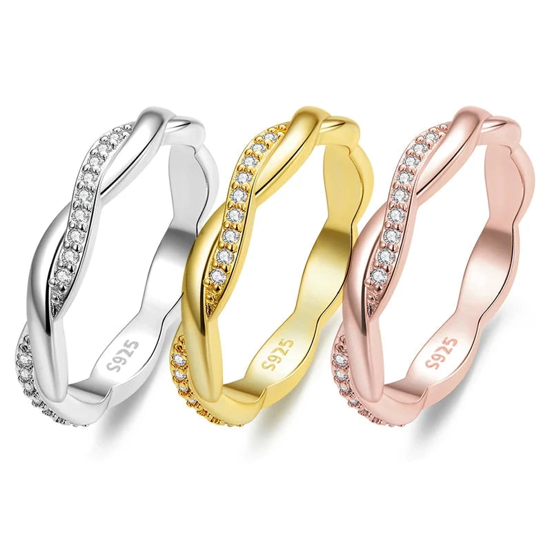 VAIGE 925 Sterling Silver Twisted Ring with 14K Gold Plating and Cubic Zirconia Eternity Band - Available in 3 Colors, Model BSR248