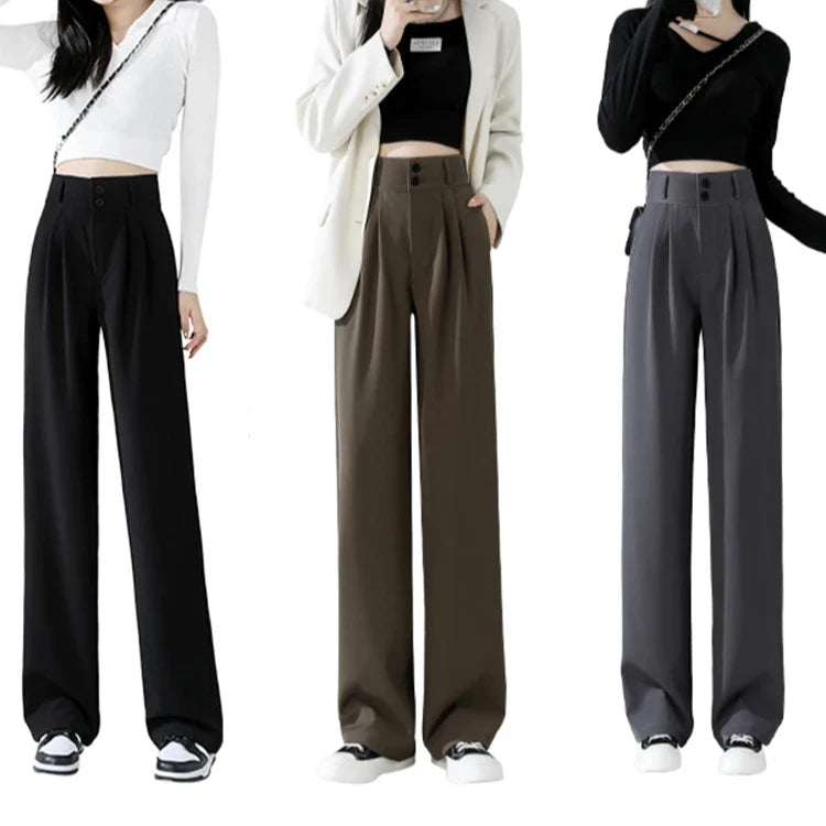 VAIGE High Waist Wide Leg Trousers with Double Buttons, Loose Straight Fit in Coffee, Cotton-Polyester Blend, Full Length