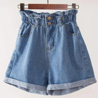 VAIGE High Waisted Harem Denim Shorts with Ruffled Edge in Black and Blue, Available in S-5XL, Elastic Cotton-Polyester Blend