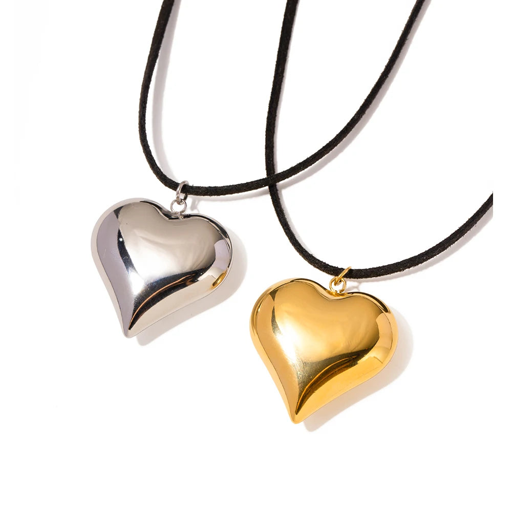 VAIGE Glossy Golden Stainless Steel Heart Pendant Necklace with Cashmere Rope Chain - Trendy Fashion Jewelry