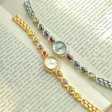 VAIGE Elegant Oval Rainbow Quartz Watch in Gold & Silver