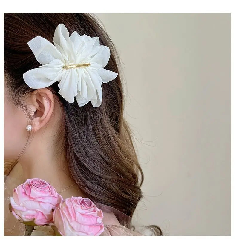 VAIGE. Large Metal Chiffon Flower Hair Claw Clips - Stylish Ponytail Holder Hairpins in Black, Beige, and Light Brown