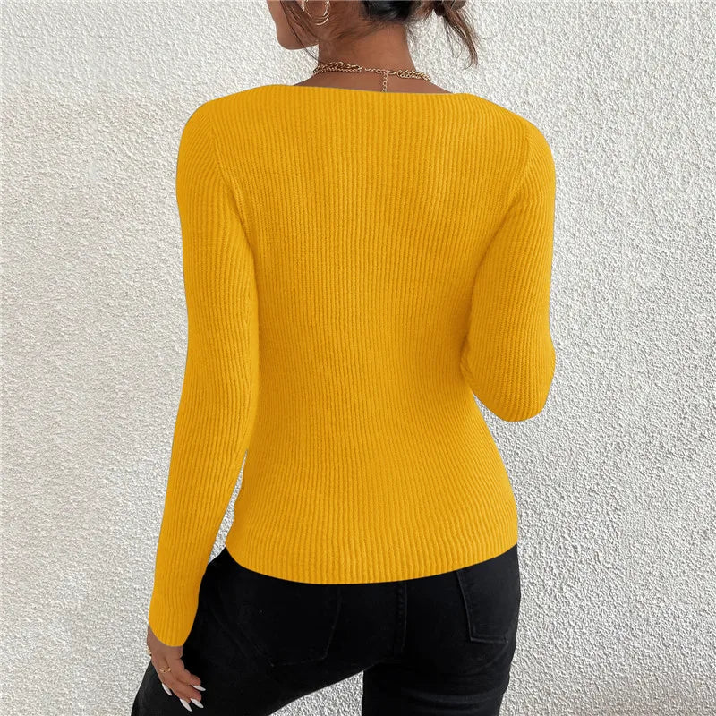 VAIGE Autumn Winter Solid Rib Knit V Neck Stripe Pullover Sweater Long Sleeve Casual Jersey Top