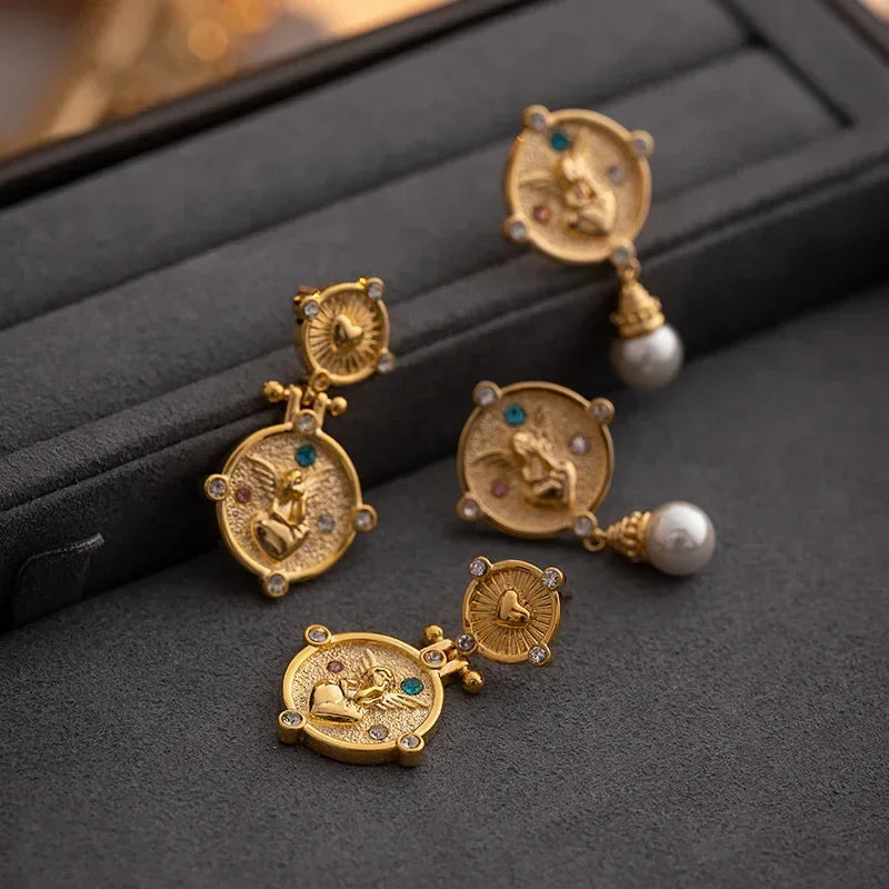 VAIGE Chic Geometric Gold Coin Pearl Drop Earrings