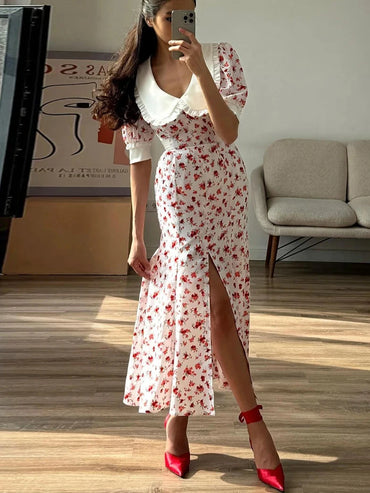 VAIGE Slim Print Ankle-Length Dress with Turn-Down Collar, High Waist Slit, Red, Size S-L, Polyester Material