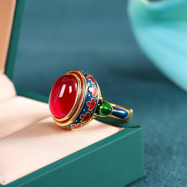 VAIGE Elegant Gold Carnelian Flower Enamel Rings in Vibrant Red and Gold