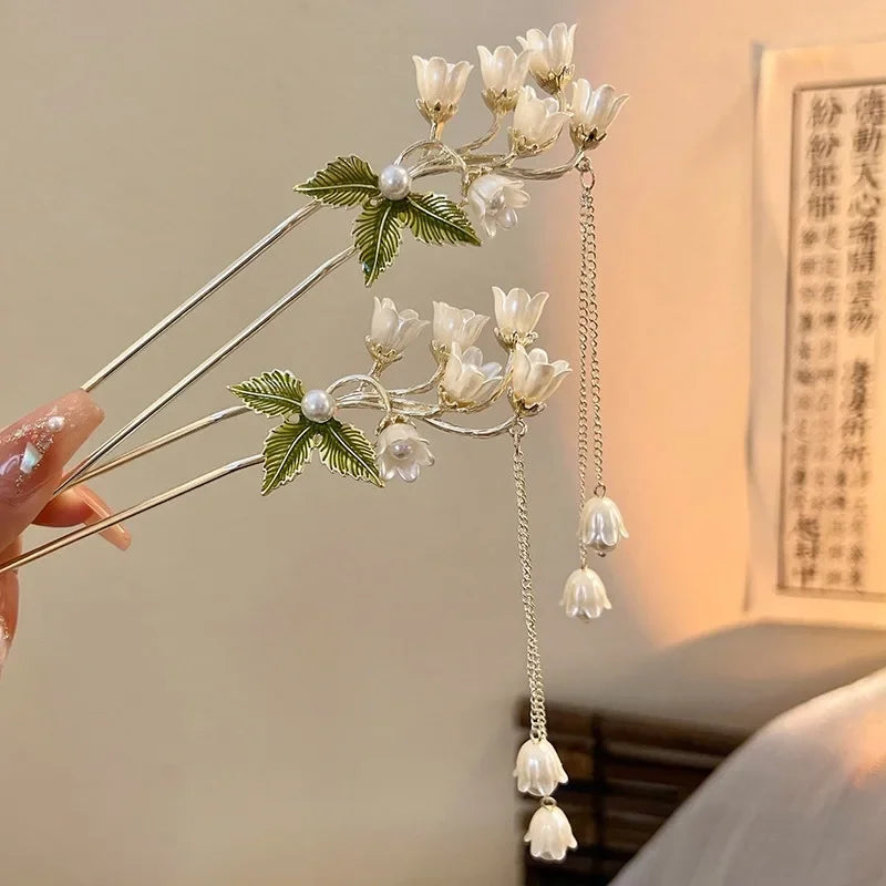Vntage  Orchid Flower dangle Hair Sticks  Metal Hairpin