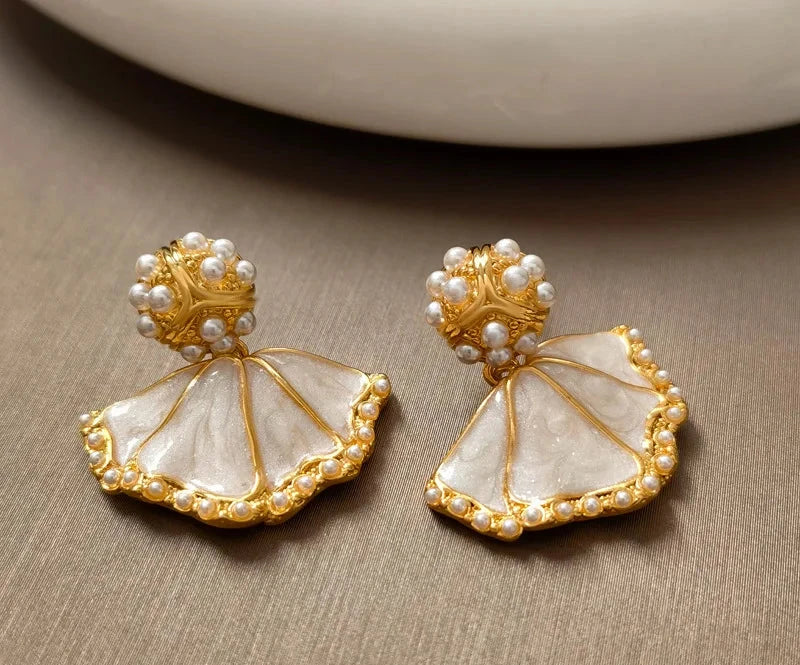 VAIGE Elegant Pearl Geometric Drop Earrings in Ivory and Gold