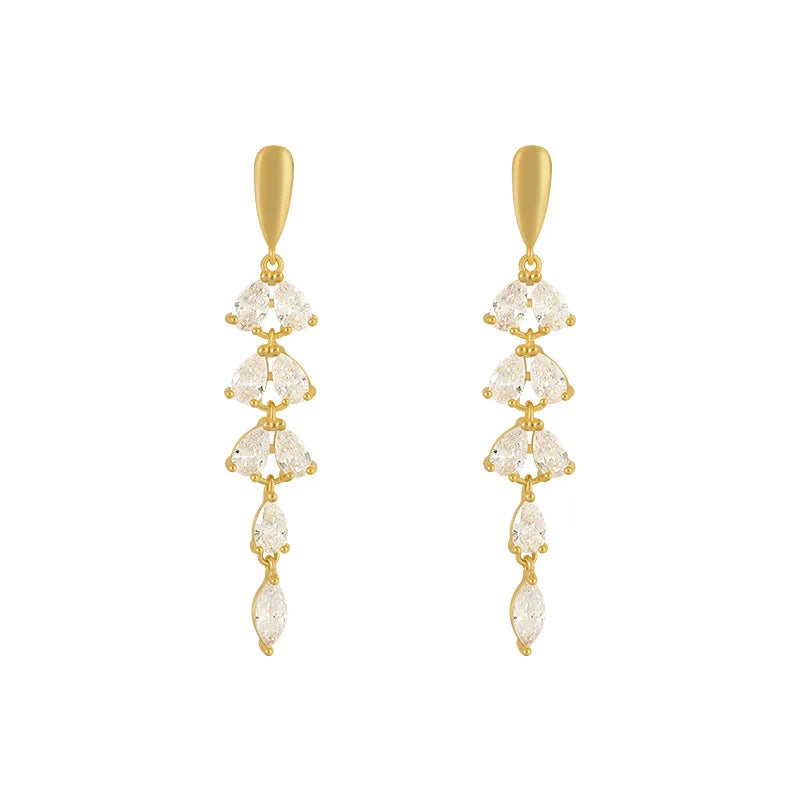 VAIGE Shiny Gold Color Tassel Leaf Earrings with Semi-Precious Zircon for Elegant Events and Parties