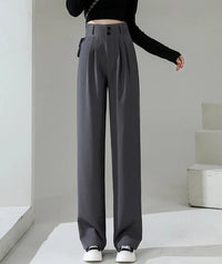 VAIGE High Waist Wide Leg Trousers with Double Buttons, Loose Straight Fit in Coffee, Cotton-Polyester Blend, Full Length