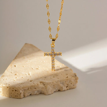 VAIGE Waterproof Stainless Steel 18K Gold Plated White Cubic Zirconia Cross Pendant Necklace - Trendy Twisted Singapore Chain Jewelry