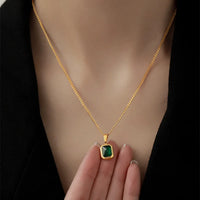 VAIGE Elegant Green Zircon Square Necklace in Gold Stainless Steel