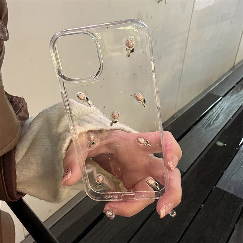 VAIGE Transparent Floral Epoxy Tulip Phone Case - Shockproof Protective Cover for iPhone 15, 14, 13 Series - Lightweight and Dustproof Design