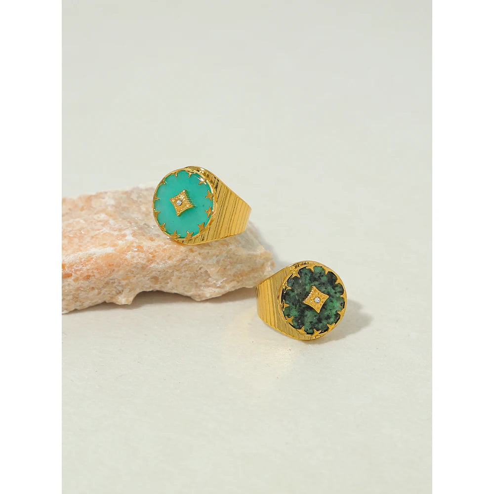 VAIGE Radiant 18K Gold-Plated Stainless Steel African Turquoise Ring with Zircon Accents