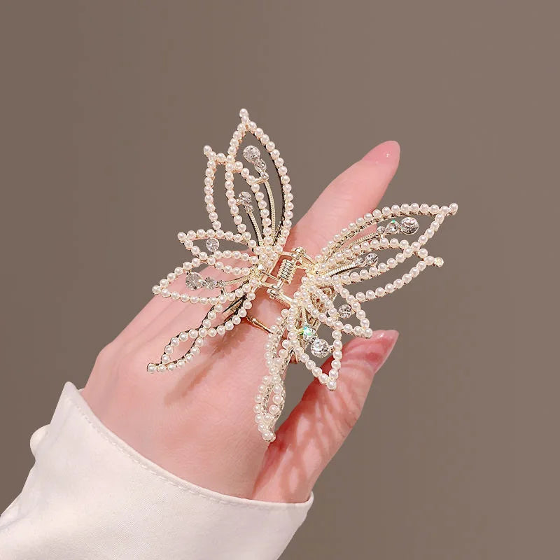 VAIGE Elegant Butterfly Zirconia & White Bead Hair Claw Clips in Gold and Silver