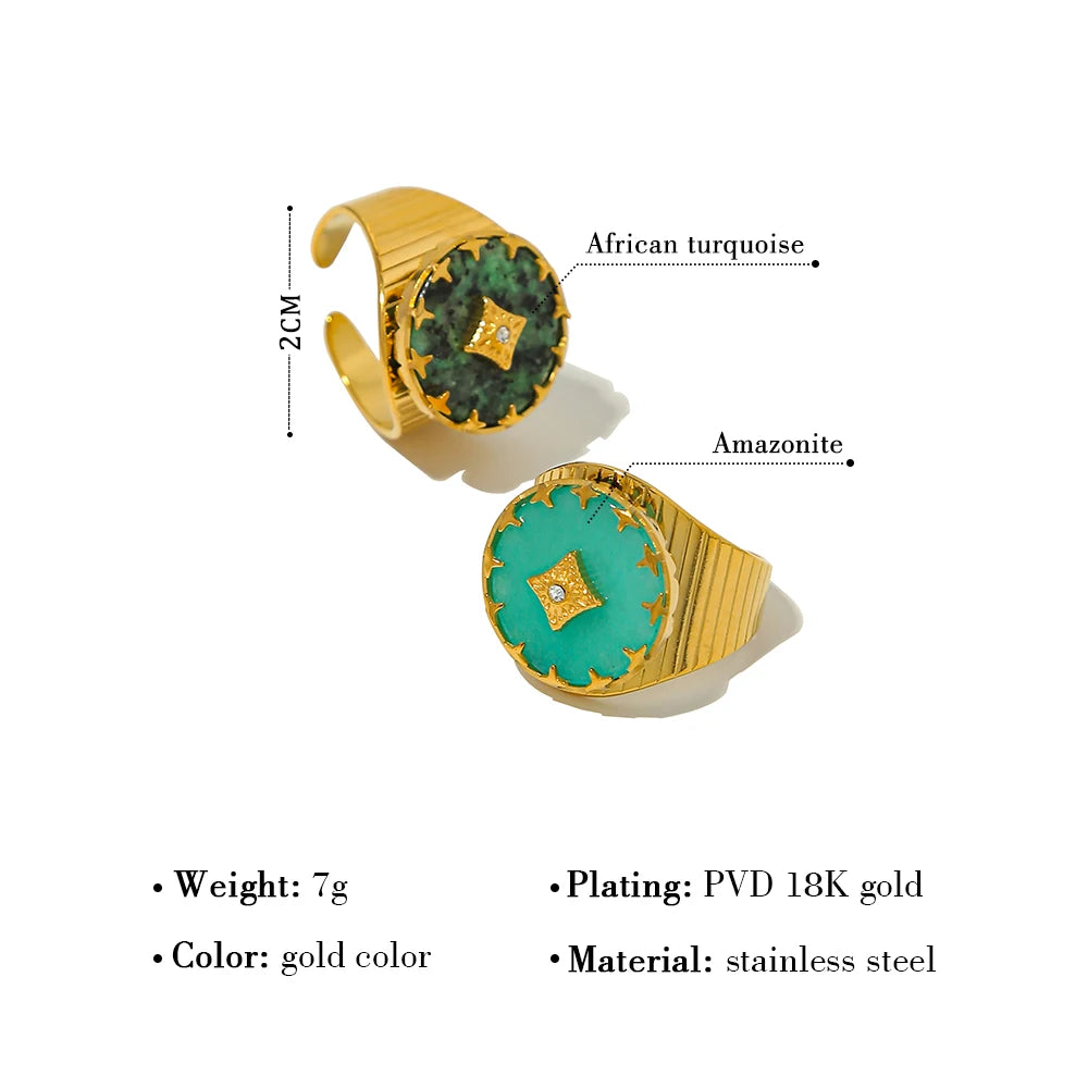 VAIGE Radiant 18K Gold-Plated Stainless Steel African Turquoise Ring with Zircon Accents