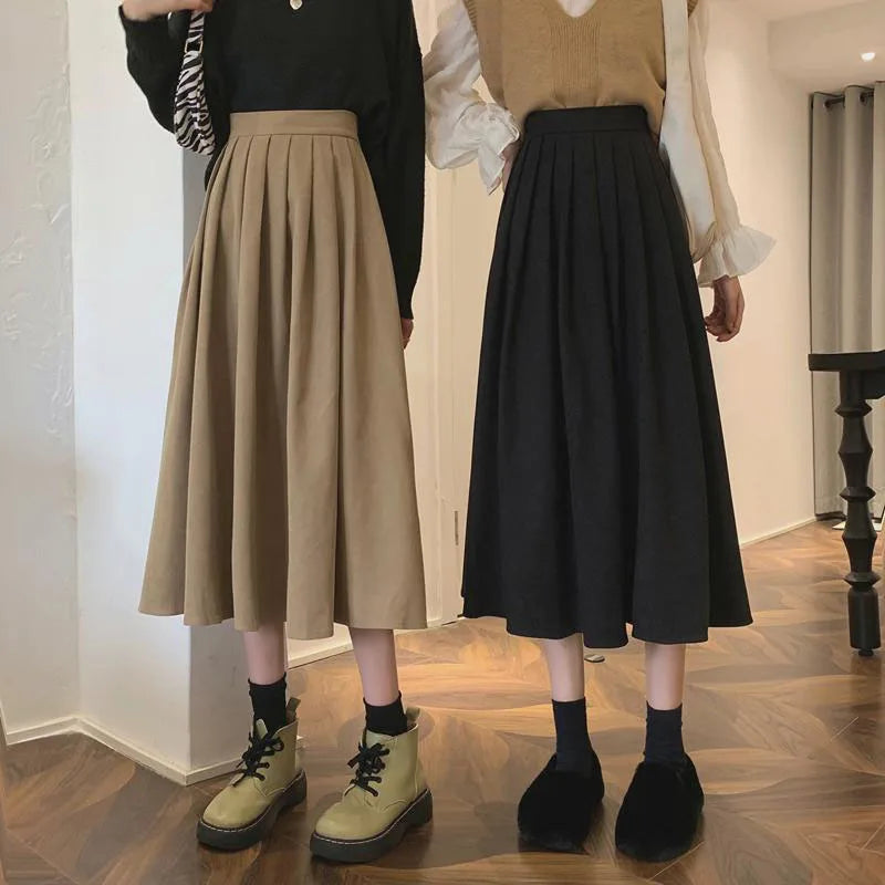 VAIGE Vintage Brown High Waist Pleated A-Line Midi Skirt for Autumn Casual Wear, Available in Multiple Colors and Sizes S/M/L, Made from Cotton and Polyester