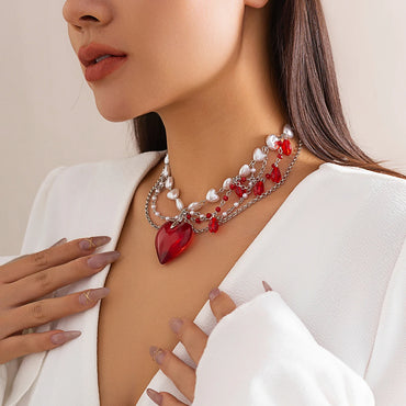 VAIGE Dazzling Red Heart Pendant Necklace with Multilayer Pearl Beads Chain