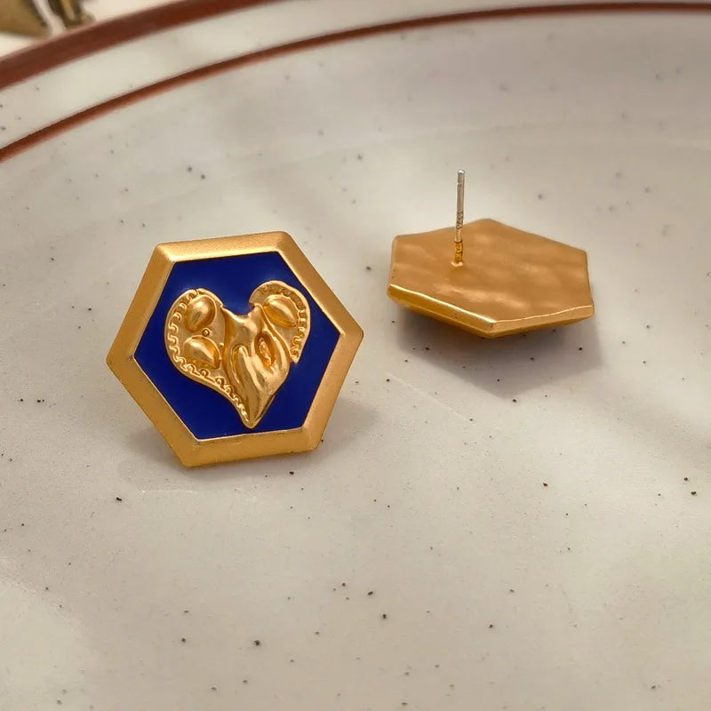 VAIGE Irregular Blue and Gold Heart Earrings - Unique Vintage Elegance