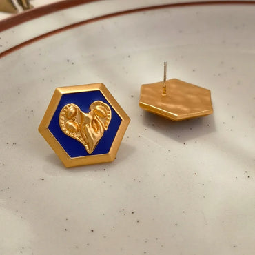 VAIGE Irregular Blue and Gold Heart Earrings - Unique Vintage Elegance