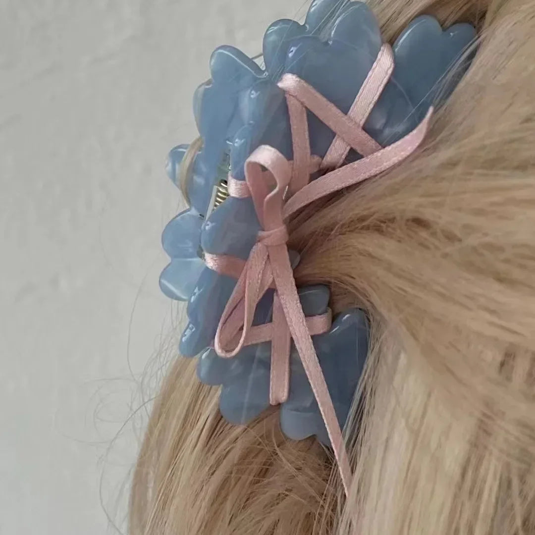 VAIGE Acrylic Ballet Style Hair Claw with Ribbon Tie Bow - Wave Grab Clip Hair Accessories for Casual Styling