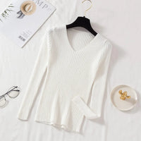 VAIGE Casual Knitted V Neck Pullover Sweater - Long Sleeve, Solid Jersey Top, High Stretch Cotton-Polyester Blend for Autumn/Winter