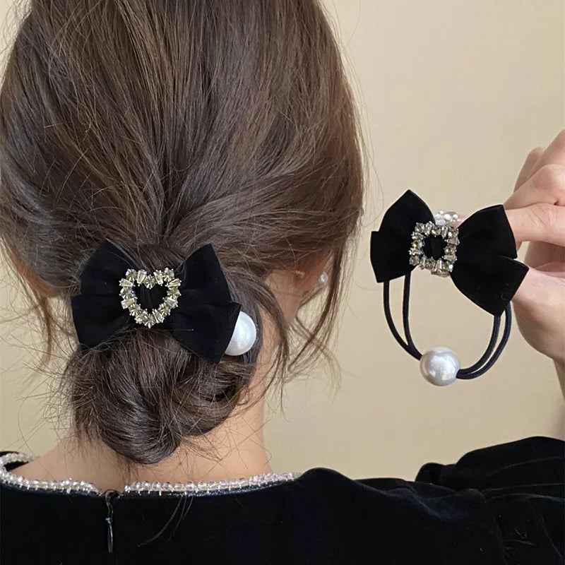 VAIGE Velvet Love Bow Elastic Hair Ties - Retro Hair Accessories with Diamond Detail