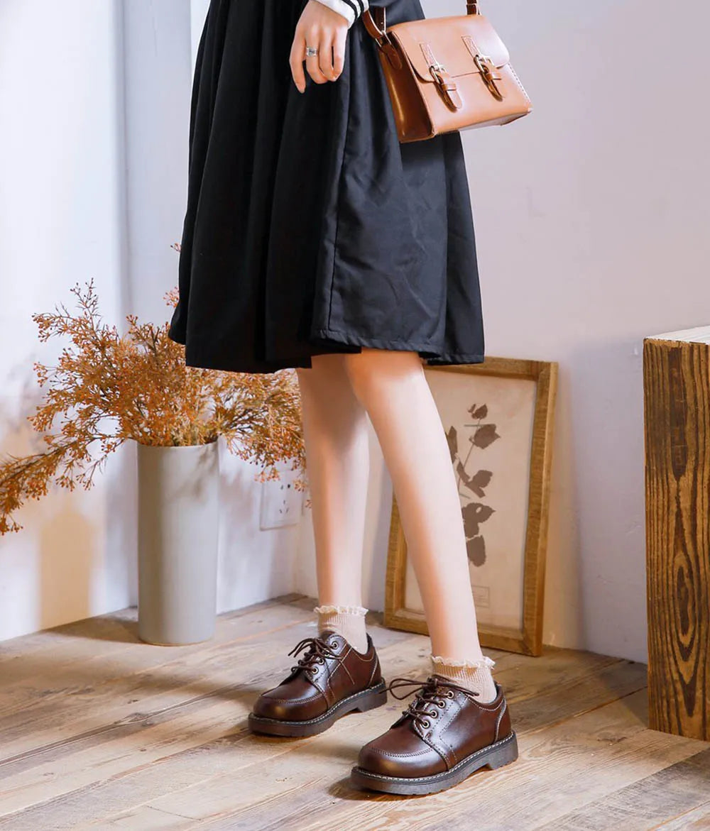 VAIGE Retro Brown Leather Oxfords for Women - Comfortable Round Toe Footwear with Lace-Up Closure and Low Square Heel