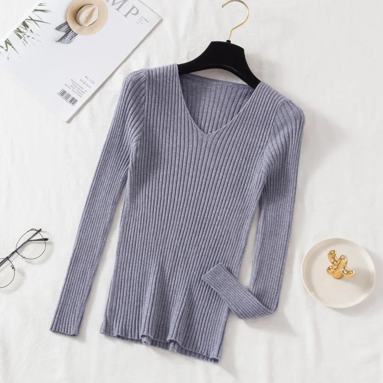 VAIGE Casual Knitted V Neck Pullover Sweater - Long Sleeve, Solid Jersey Top, High Stretch Cotton-Polyester Blend for Autumn/Winter