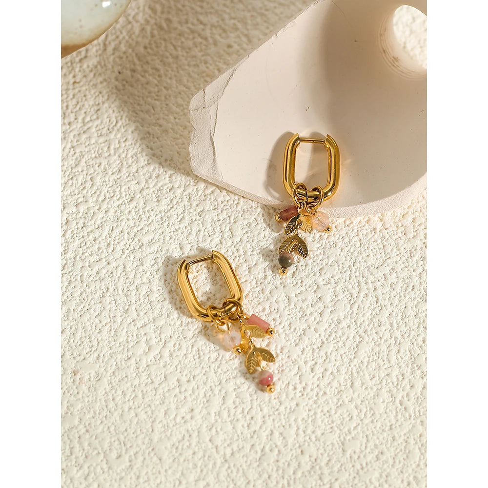 VAIGE Trendy 18K Gold Plated Stainless Steel Hoop Earrings with Cute Pink Crystal Natural Stone Charms - 33mm Length, Perfect for Any Occasion