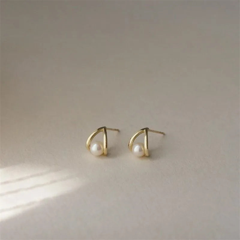 Simple Pearl Geometric Stud Earrings 925 Sterling 14k Gold