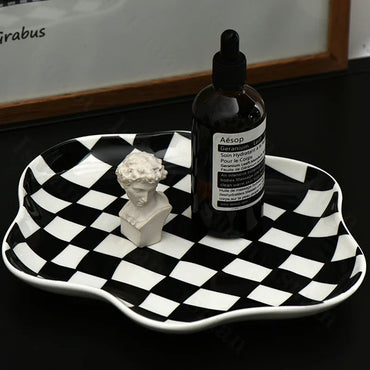 VAIGE Modern Ceramic Checkerboard Tray - Black & White Decorative Storage Dish for Jewelry and Desserts