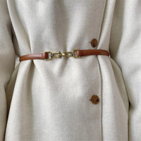 VAIGE Josephine Vintage Brass Vegan Leather Slim Belt in Cognac Brown