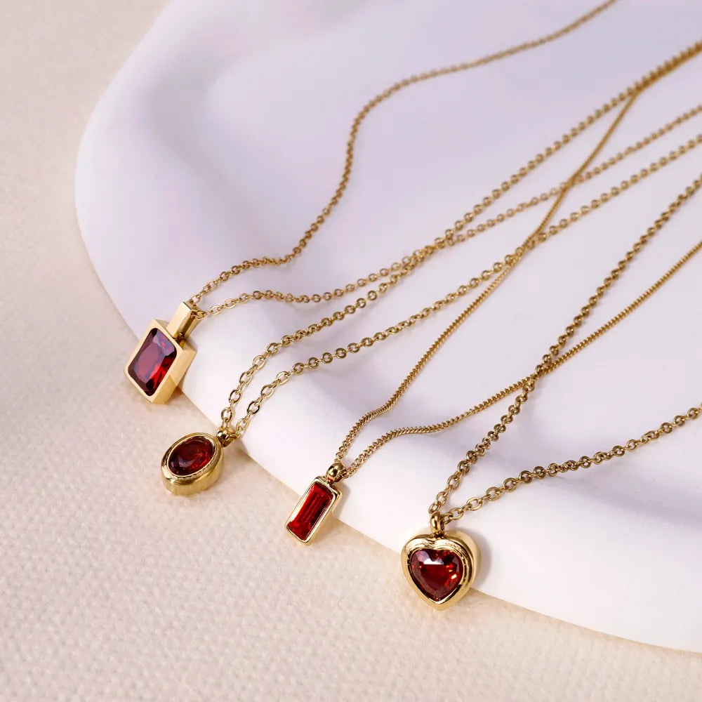 VAIGE Dazzling Red Gemstone Necklace in Heart, Circle, Square, and Rectangle Shapes