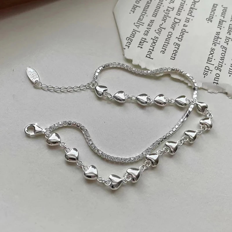 VAIGE Elegant Double Layered Silver Chain Bracelet with Cubic Zirconia