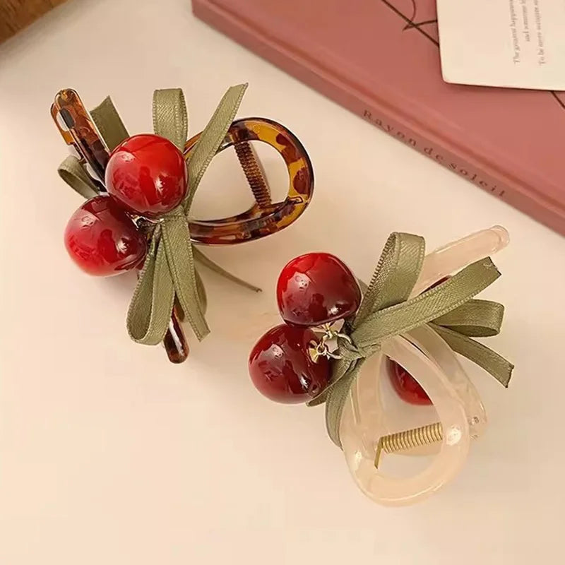 VAIGE 8cm Plastic Cherry Bow Hair Claw Clips - Cute Mini Hair Accessories in Coffee and Beige