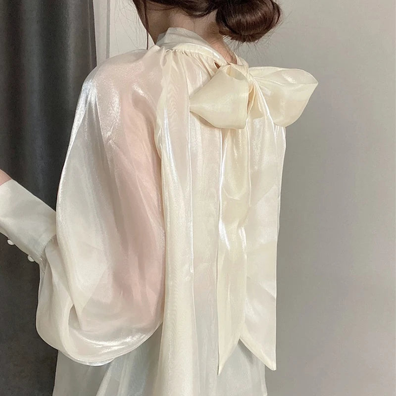 VAIGE Pink Gauze Blouse with Stand Collar, Lantern Sleeves, Loose Fit, Bowtie Decoration, Casual Broadcloth Top