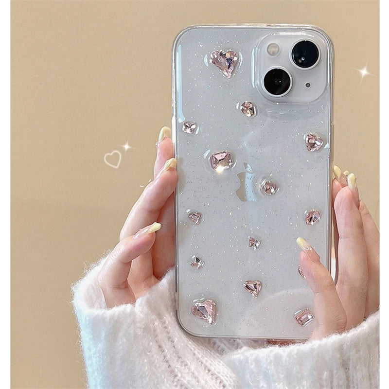 VAIGE Glitter Pink Diamond Heart Epoxy Phone Case for iPhone Series - Clear Silicone Bumper, Anti-Drop & Scratch Protection