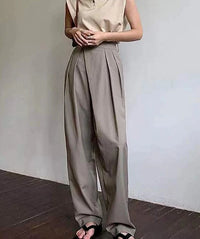 VAIGE Khaki Wide Leg Classic Baggy Trousers - High Waist Full Length Polyester Office Pants with Button and Pockets