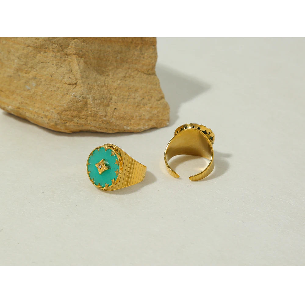 VAIGE Radiant 18K Gold-Plated Stainless Steel African Turquoise Ring with Zircon Accents