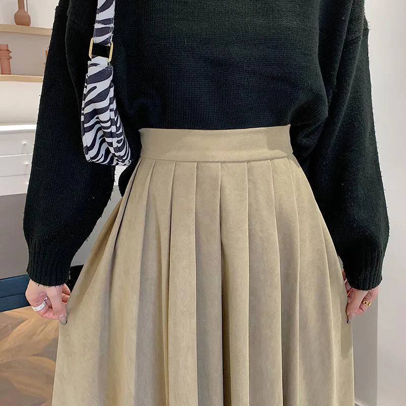 VAIGE Vintage Brown High Waist Pleated A-Line Midi Skirt for Autumn Casual Wear, Available in Multiple Colors and Sizes S/M/L, Made from Cotton and Polyester