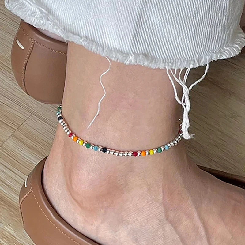 VAIGE Trendy Multicolor Bead Elastic Anklet with Cubic Zirconia - Perfect Summer Accessory for Couples and Holiday Gifts