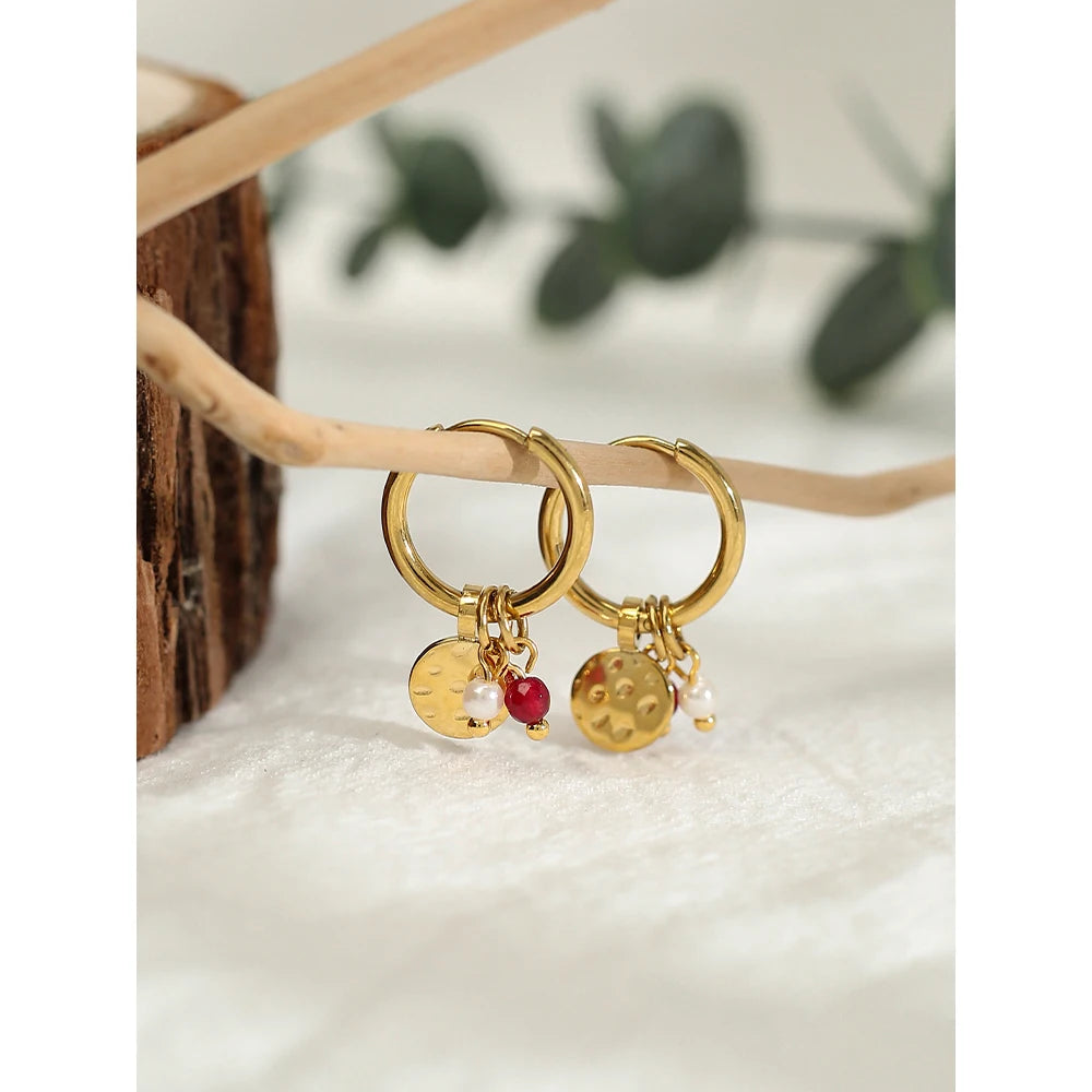 VAIGE 18K Gold Plated Stainless Steel Irregular Texture Hoop Earrings with Natural Stone Charms - Trendy 25mm x 15mm Fashion Jewelry