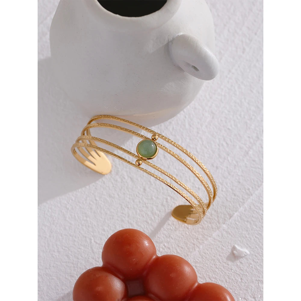 VAIGE Boho Golden Waterproof Open Bangle Bracelet with Green Aventurine Stone, Stainless Steel Arm Jewelry