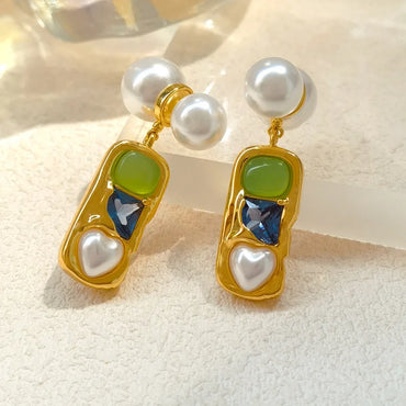 VAIGE Elegant Green and Blue Laila Pearl Dangle Gold Earrings