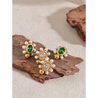 VAIGE Elegant Green and White Zircon Faux Pearl Gold Earrings with Stainless Steel Accents