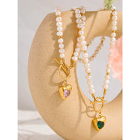 VAIGE Elegant Pink and Green Freshwater Pearl Heart Toggle Necklace